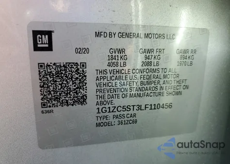 2020 Chevrolet Malibu Ls z USA, uszkodzony, nr VIN 1G1ZC5ST3LF110456